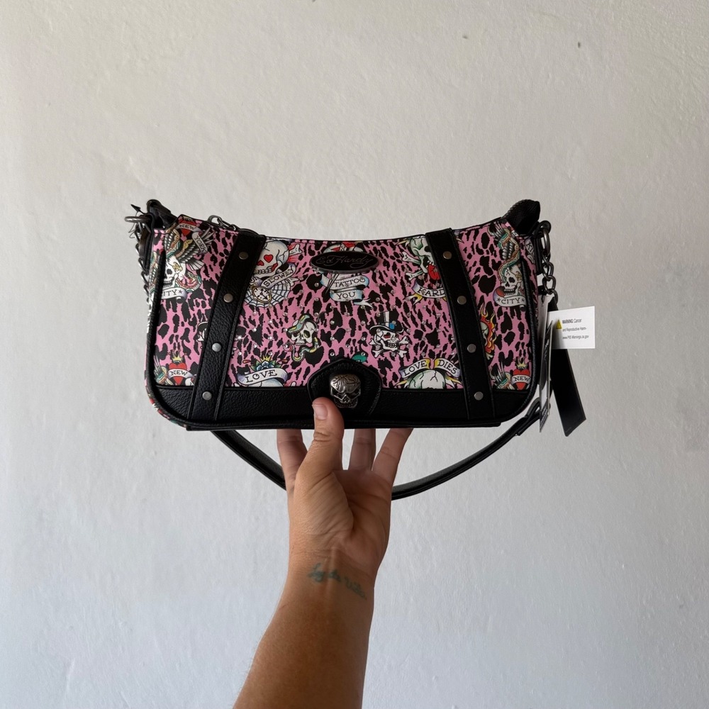 Ed Hardy Pink Black Leopard Skull Tattoo Shoulder Crossbody‎ Bag NWT Y2K